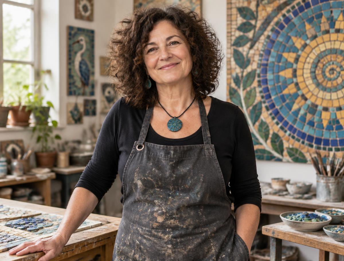 Portrait of mosaic artist Audrey Markoff Dunn in her studio
